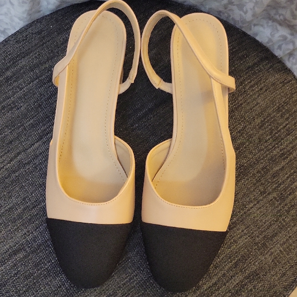 Nude/Black Slingback Pumps- 3" Block Heel